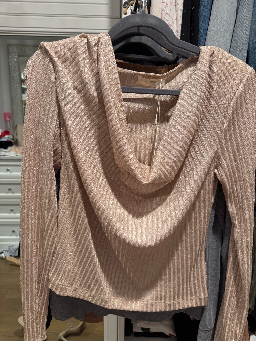 Ramy Brook Shimmery Ribbed Cowl-Neck Sweater in Light Beige